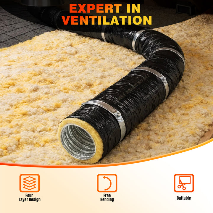 4 Inch Insulated Flexible Duct 25 FT, R4 HVAC Flex Duct with Black Jac ...
